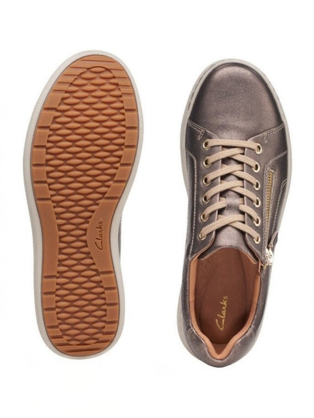 Clarks Nalle Lace Bronze Metallic Leather Sneakers Side Zip 11 Wide 11W